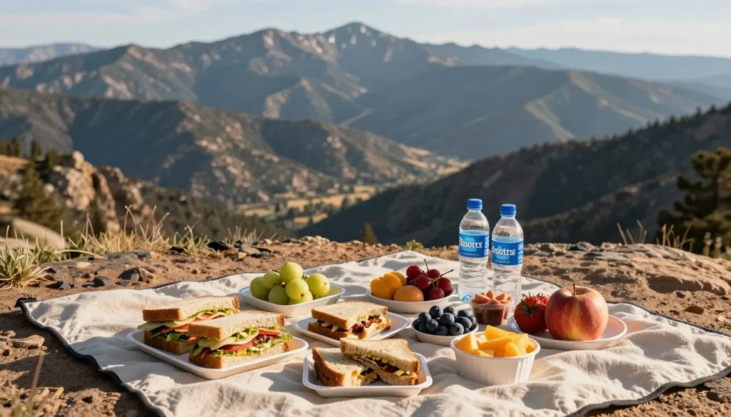 Picnic lunch setup at mountain overlook