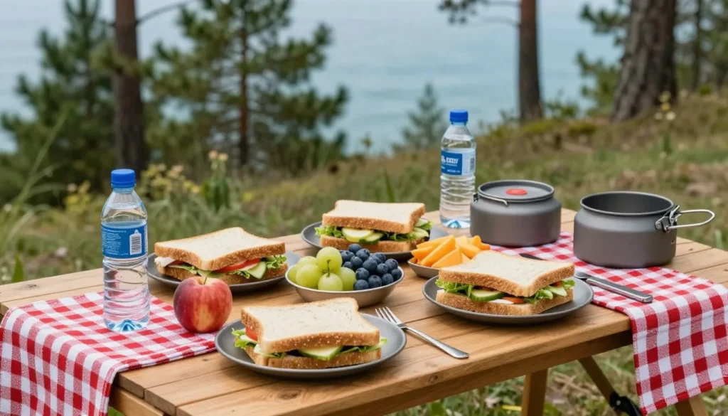 Picnic lunch spread at lakeside camping area with mountain backdrop Picnic lunch spread at lakeside camping area with mountain backdrop