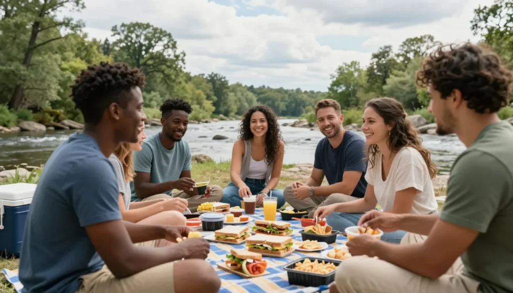 Picnic lunch spread at scenic riverside location with diverse group enjoying outdoor meal Picnic lunch spread at scenic riverside location with diverse group enjoying outdoor meal