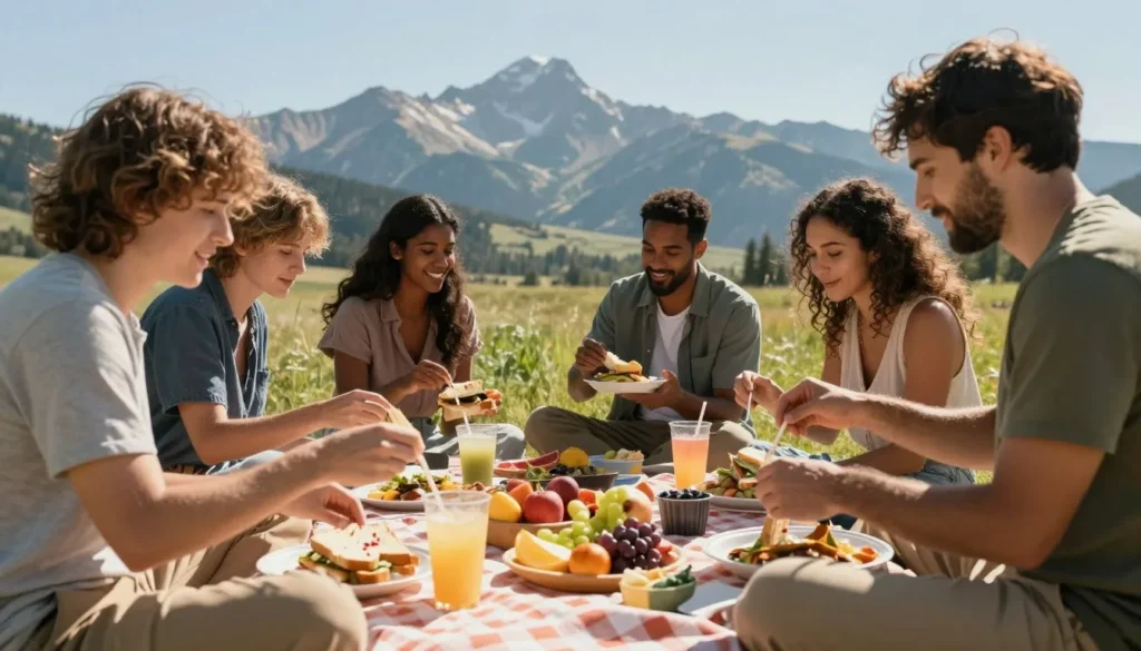 Picnic lunch spread with mountain view backdrop