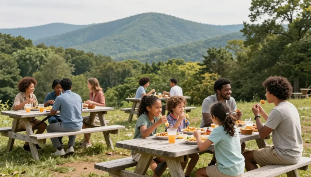 Picnic scene at mountain park with families enjoying packed lunches Picnic scene at mountain park with families enjoying packed lunches