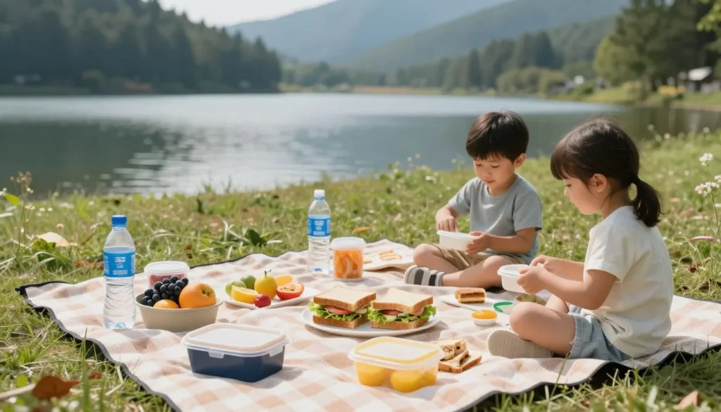 Picnic setup at mountain lake with homemade food