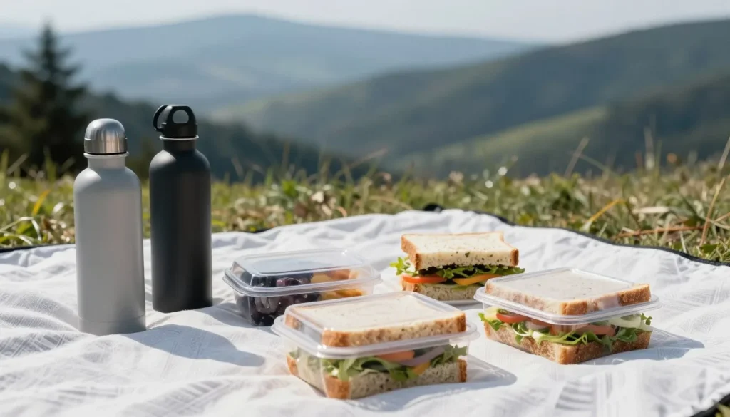 Picnic setup at mountain scenic overlook