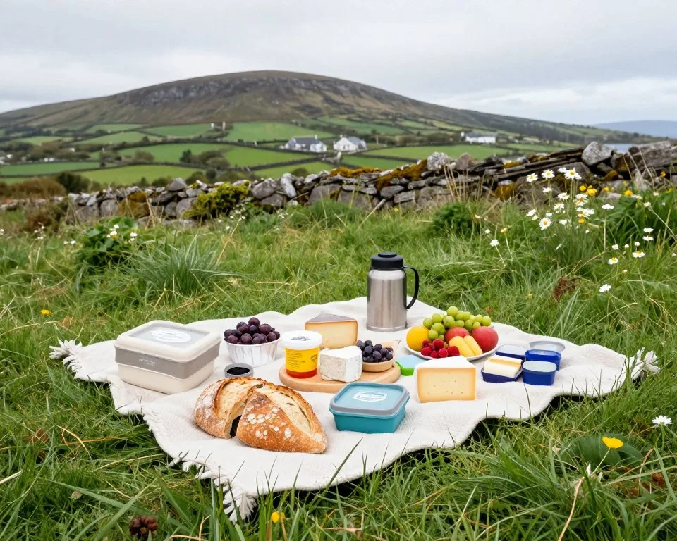 Picnic setup with Irish food and drinks in countryside near Tralee Picnic setup with Irish food and drinks in countryside near Tralee