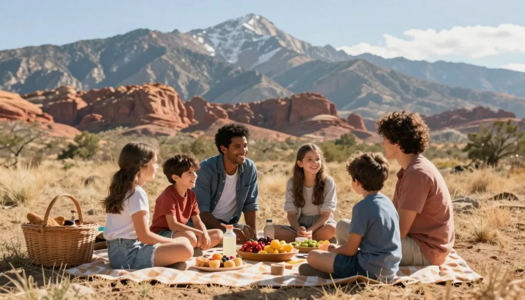 Picnic setup with mountain views and desert landscape