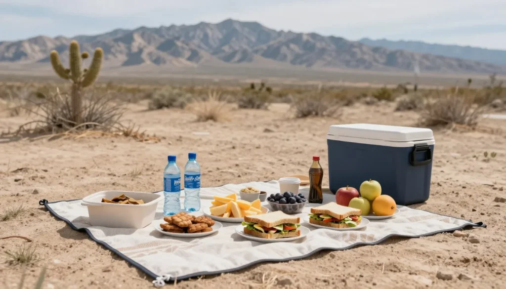 Picnic setup with outdoor food spread in Nevada natural setting Picnic setup with outdoor food spread in Nevada natural setting