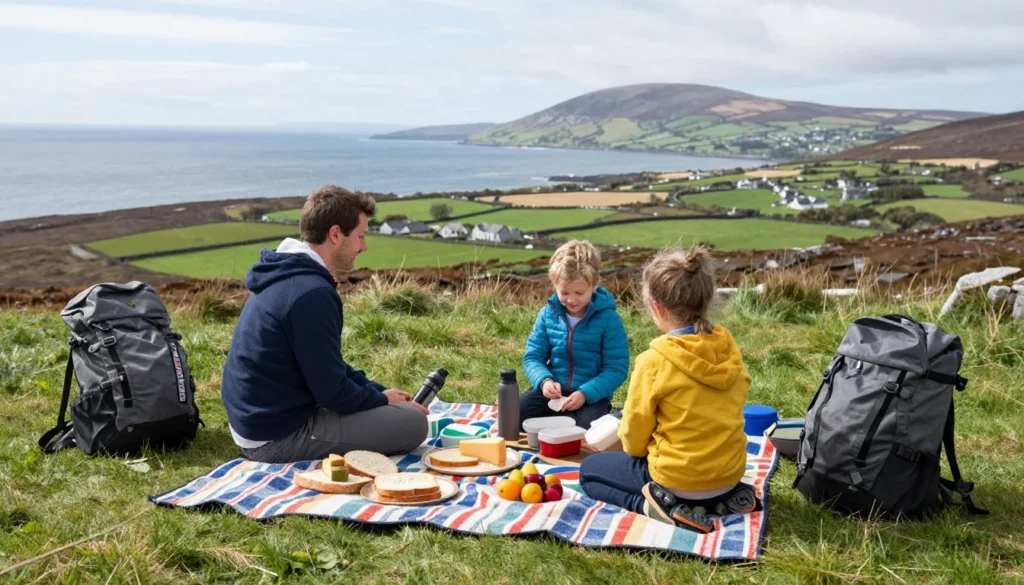 Picnic setup with traditional Irish food at scenic coastal viewpoint