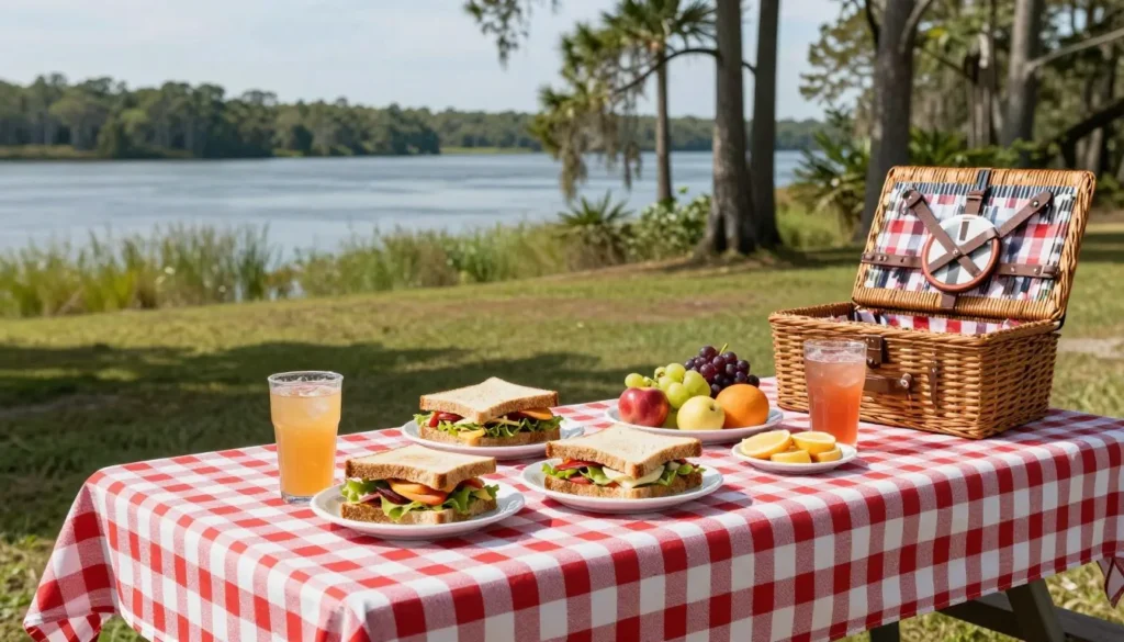 Picnic spread at Goose Creek State Park with river view Picnic spread at Goose Creek State Park with river view