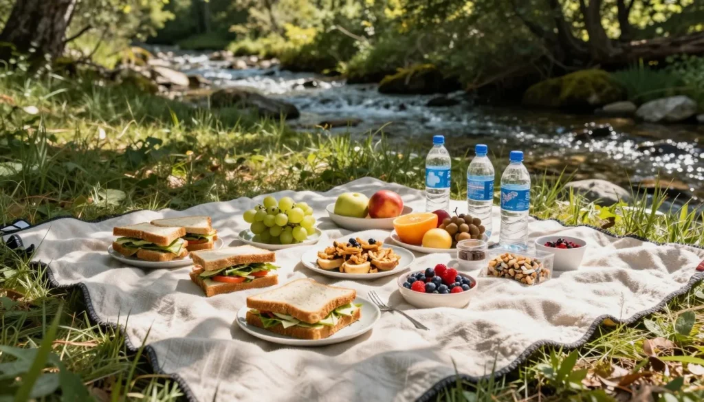 Picnic spread with sandwiches and snacks on blanket near mountain stream Picnic spread with sandwiches and snacks on blanket near mountain stream