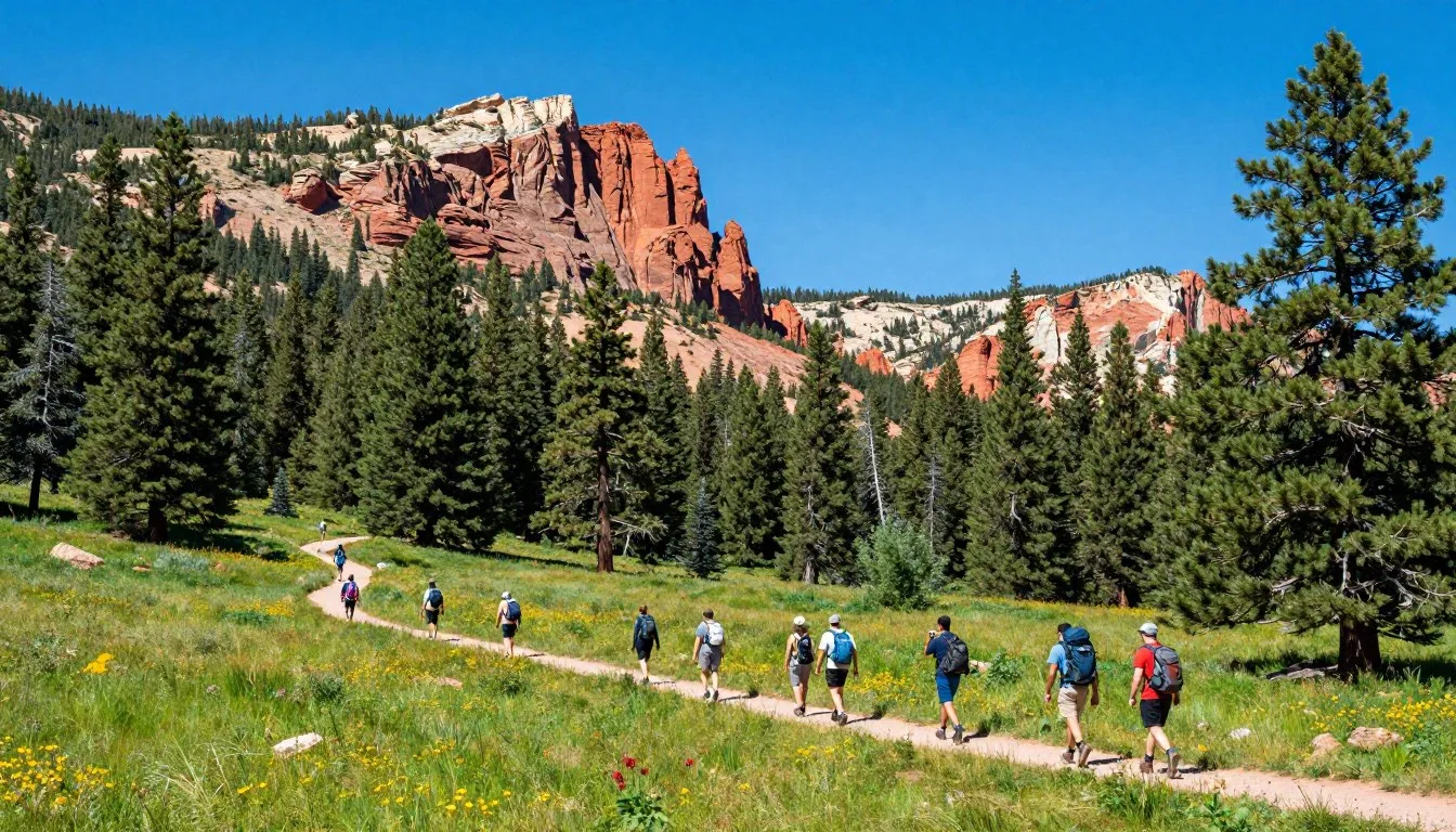 Pine Valley Recreation Area surrounded by red rock formations and pine forests in southern Utah
