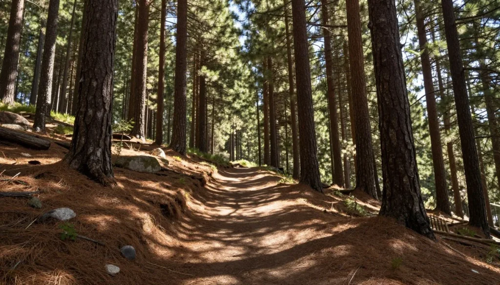 Pine forest with dappled sunlight on trail