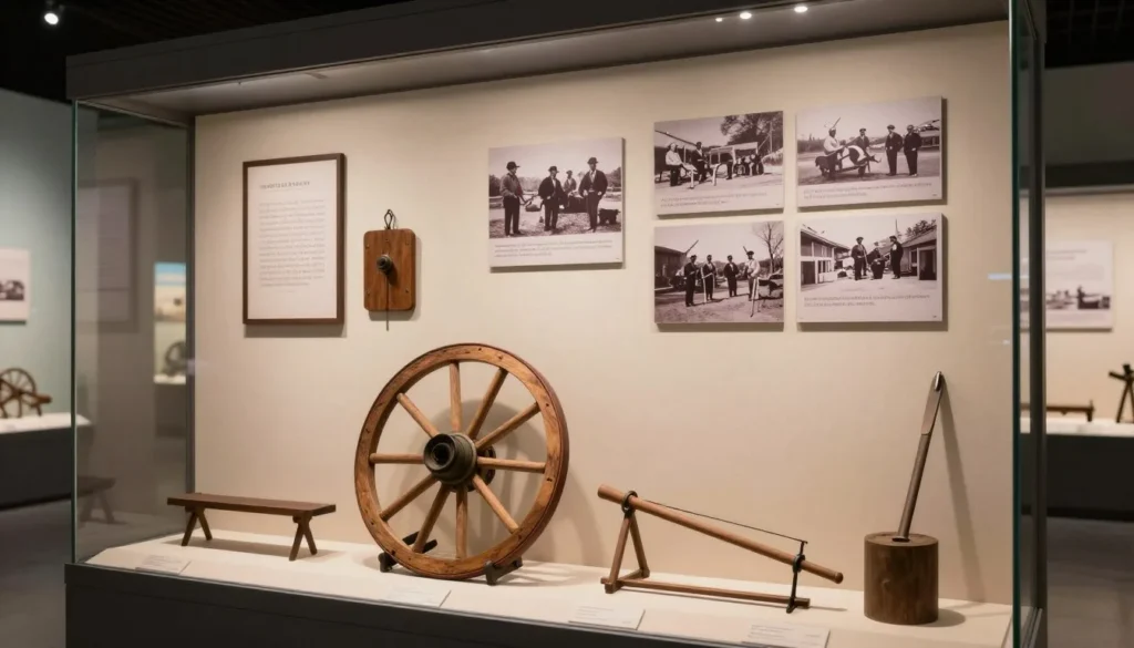 Pioneer wagon wheel and historical artifacts in Box Elder County museum display Pioneer wagon wheel and historical artifacts in Box Elder County museum display