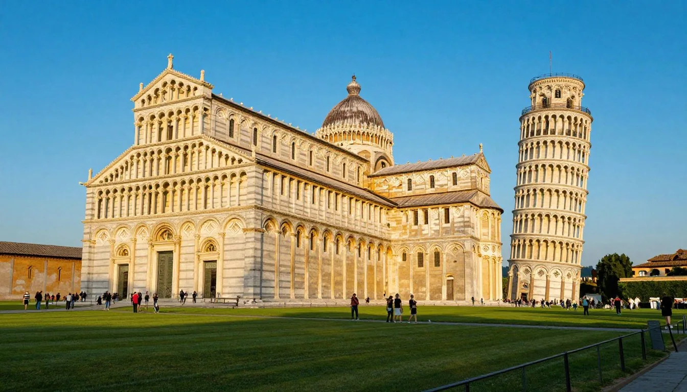 Pisa Italy travel guide showing Piazza dei Miracoli with the Leaning Tower and cathedral