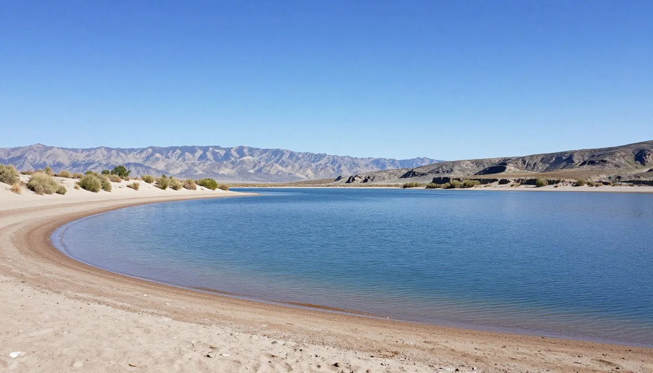 Piute Reservoir surrounded by desert landscape and distant mountains at Piute State Park Utah