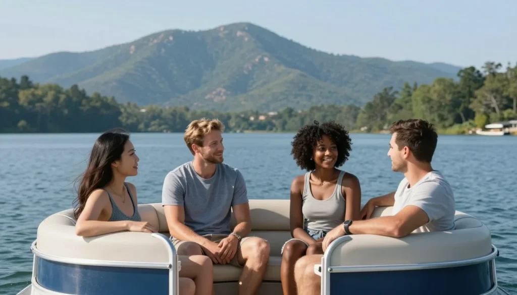 Pontoon boat floating on calm Fontana Lake waters with mountains in background and diverse group of tourists aboard Pontoon boat floating on calm Fontana Lake waters with mountains in background and diverse group of tourists aboard