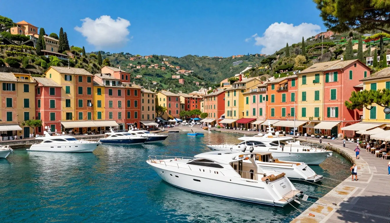 Portofino harbor with colorful buildings and luxury yachts in bright Mediterranean sunlight