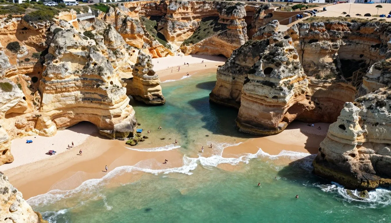 Praia de Odeceixe beach where river meets sea with golden cliffs