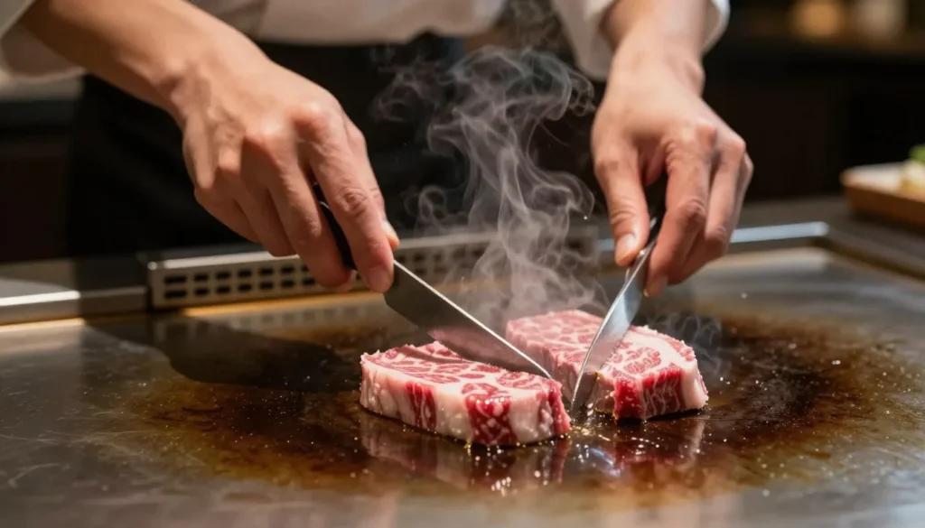 Premium Kobe beef steak being grilled on teppanyaki plate Premium Kobe beef steak being grilled on teppanyaki plate