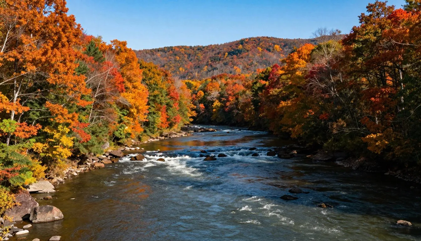 Pristine Hiwassee River winding through lush Tennessee mountains with autumn foliage