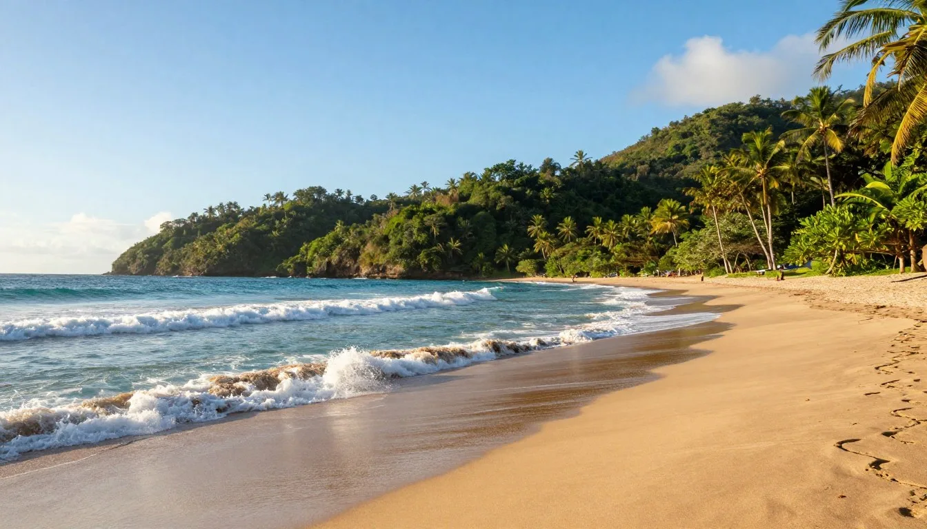Pristine Santa Teresa beach with turquoise waves and golden sand stretching into the distance