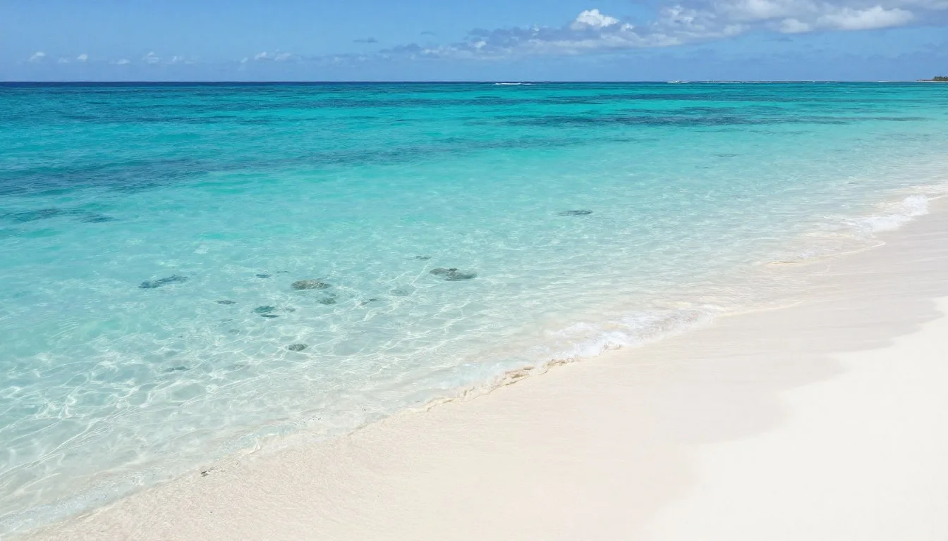 Pristine turquoise waters and white sand beach at West Caicos Marine National Park with coral formations visible beneath crystal-clear sea