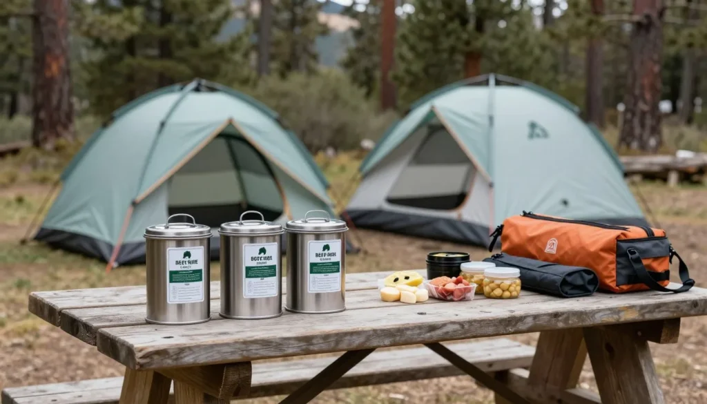 Proper bear canister and food storage setup at Sierra Nevada campsite Proper bear canister and food storage setup at Sierra Nevada campsite
