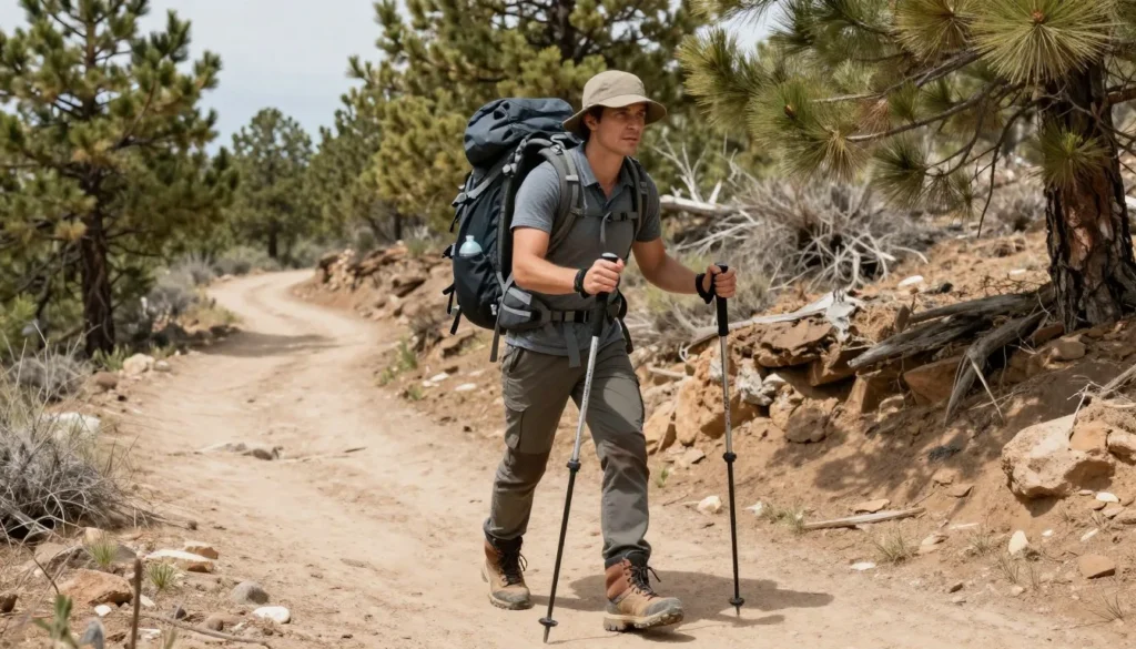 Properly equipped hiker with safety gear on mountain trail Properly equipped hiker with safety gear on mountain trail