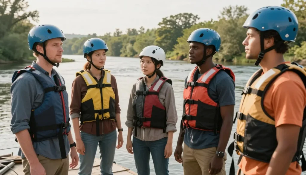 Properly equipped outdoor recreation group following safety protocols on river Properly equipped outdoor recreation group following safety protocols on river