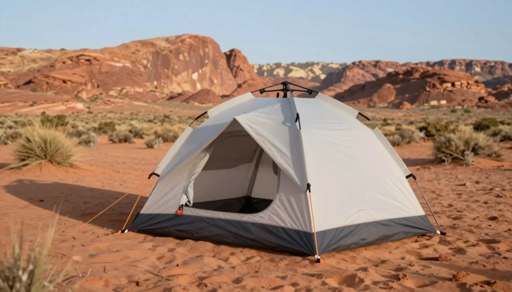 Properly secured tent with guy lines in desert environment