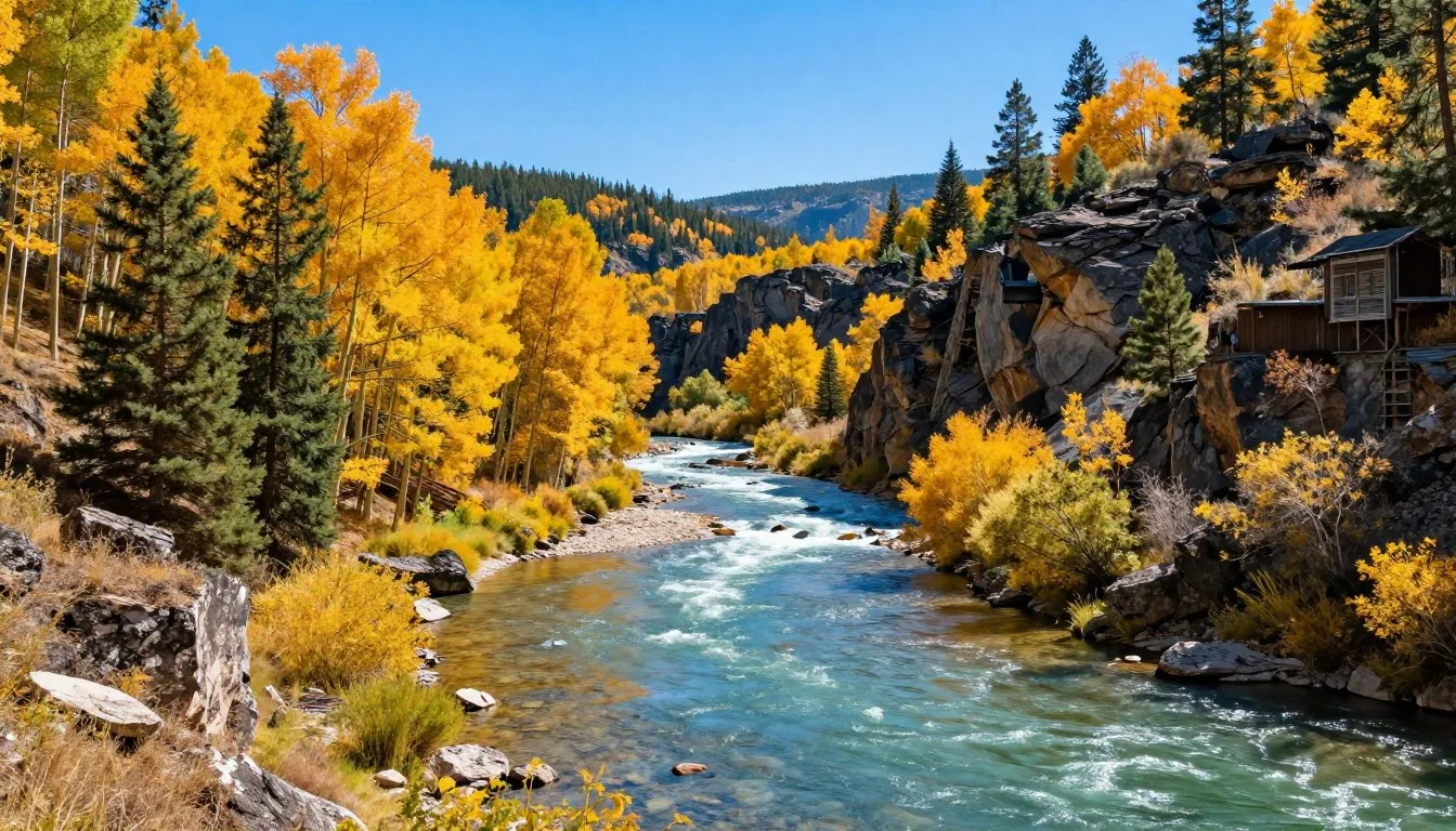 Provo River flowing through scenic canyon with autumn foliage and mountain backdrop