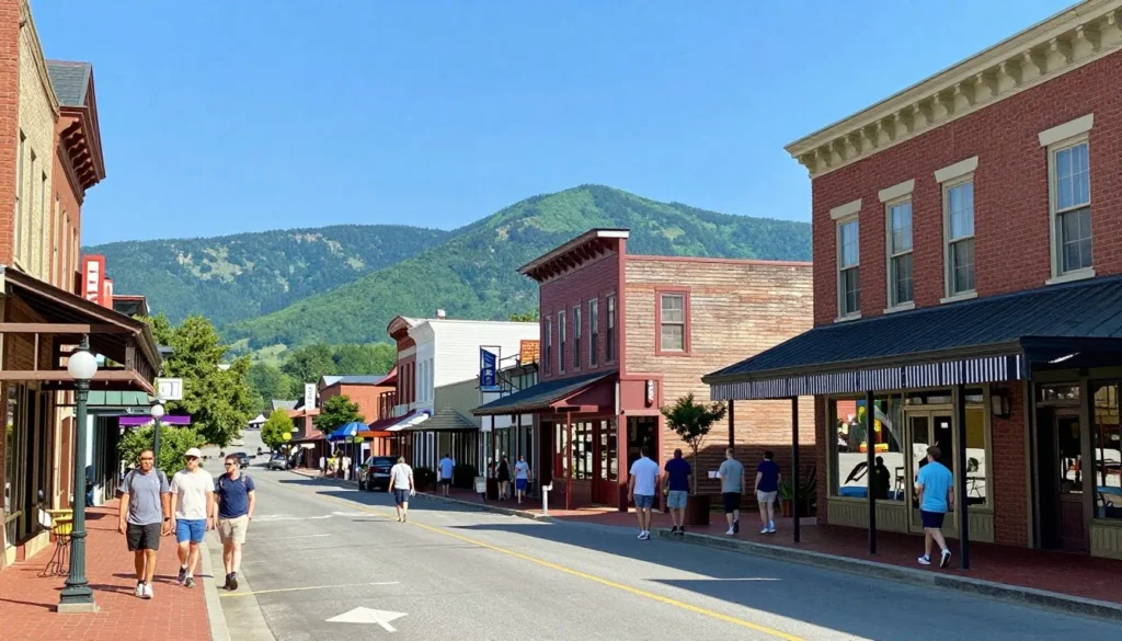 Quaint downtown Bryson City street with local shops and mountain views Quaint downtown Bryson City street with local shops and mountain views