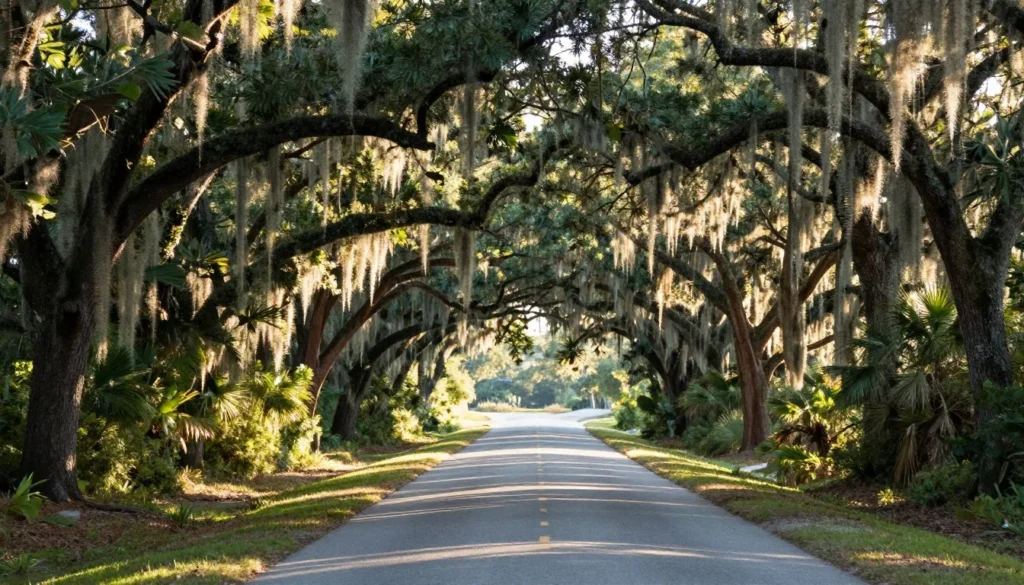 Quiet tree-lined road on Roanoke Island with Spanish moss Quiet tree-lined road on Roanoke Island with Spanish moss