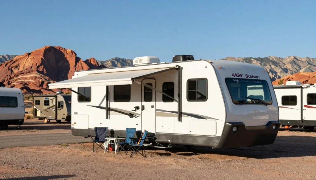 RV campsite with mountain and desert views at Millsite State Park