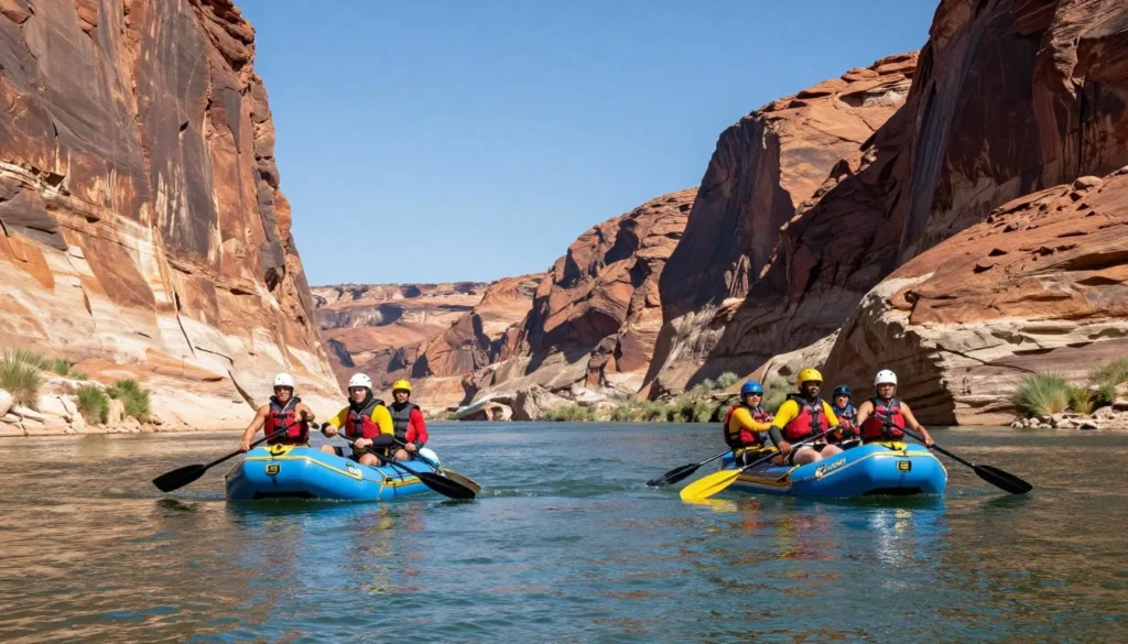 Rafting on San Juan River through red rock canyon