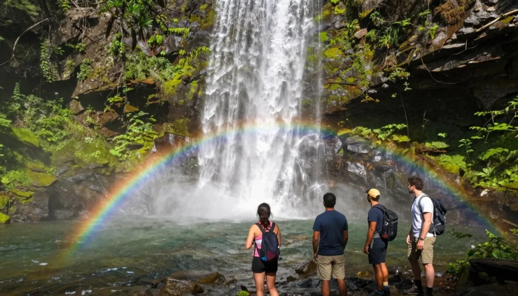 Rainbow Falls waterfall in Great Smoky Mountains with diverse hikers enjoying the cascade and pool Rainbow Falls waterfall in Great Smoky Mountains with diverse hikers enjoying the cascade and pool