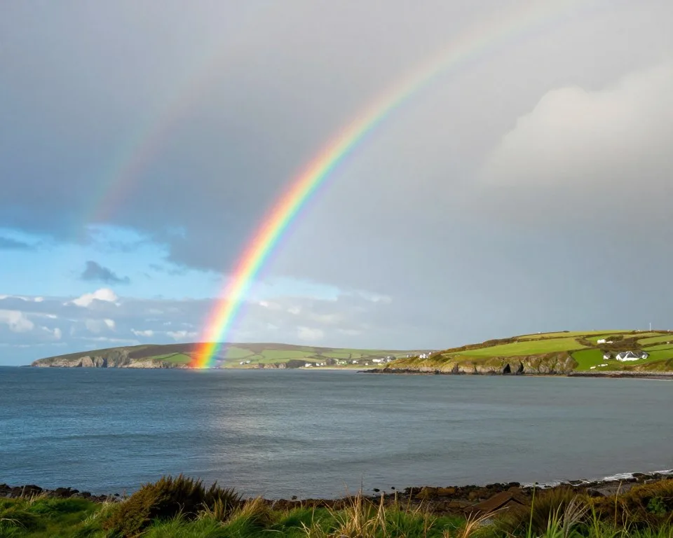 Rainbow over Tralee Bay after summer rain shower with green landscape Rainbow over Tralee Bay after summer rain shower with green landscape