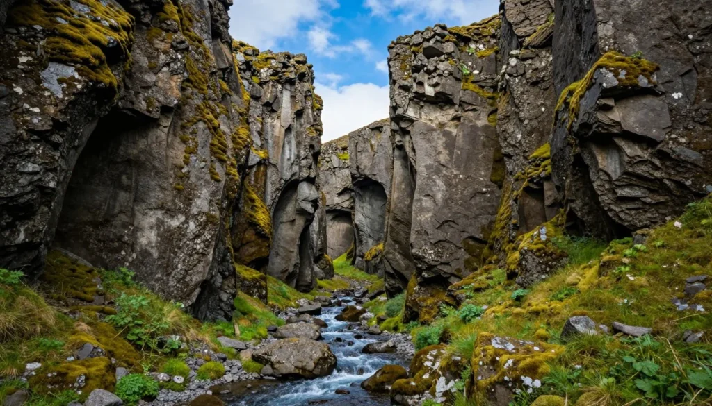 Raudfeldsgja gorge entrance with moss-covered rocks and stream flowing from narrow canyon