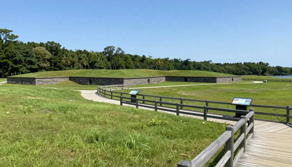 Reconstructed earthwork fortifications at Fort Raleigh with interpretive walking path Reconstructed earthwork fortifications at Fort Raleigh with interpretive walking path