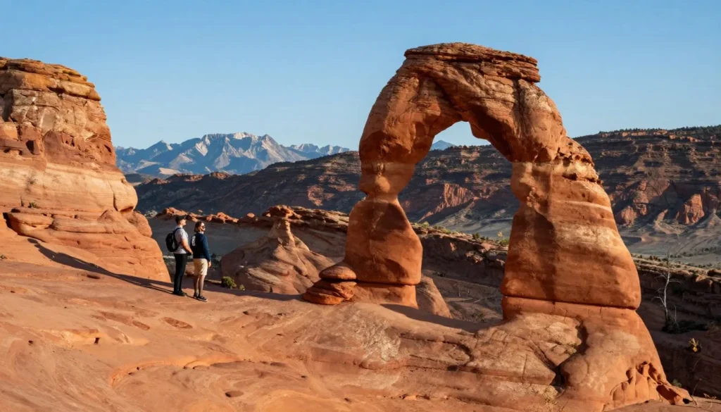 Red rock arch formation with mountain backdrop in Utah desert Red rock arch formation with mountain backdrop in Utah desert