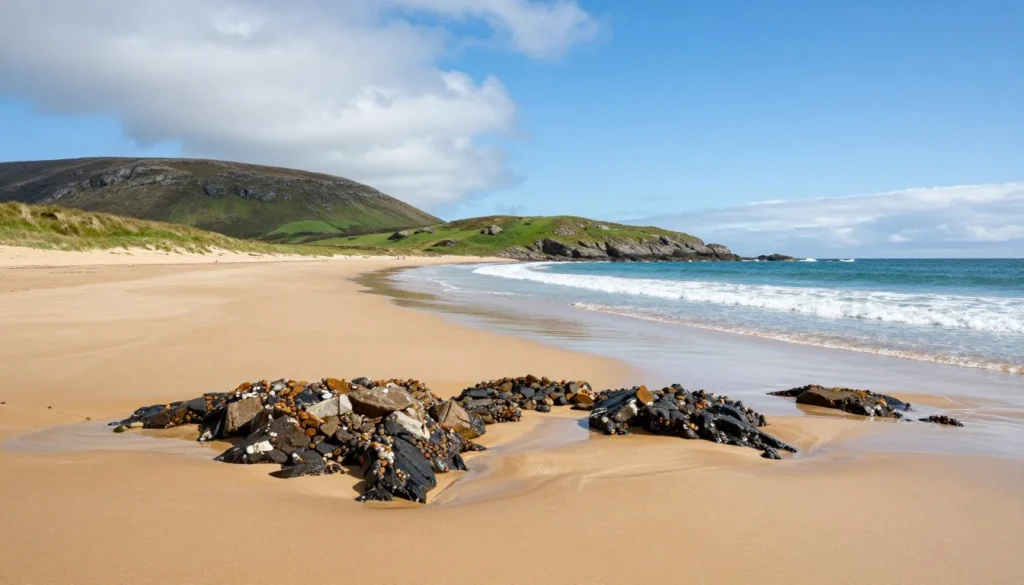 Remote Connemara beach with rock pools and green hills