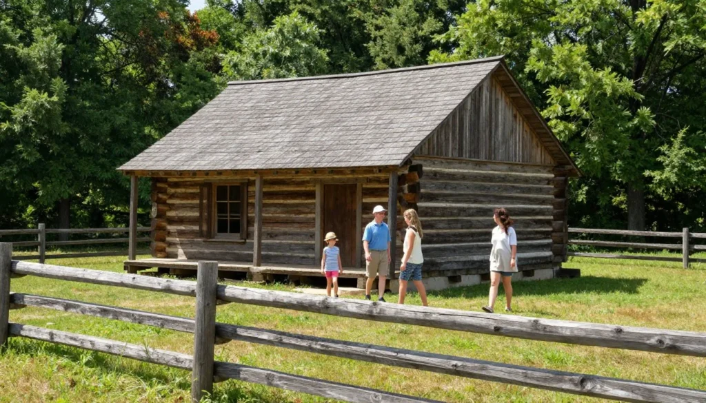 Replica log cabin at David Crockett Birthplace State Park with split-rail fence and visitors Replica log cabin at David Crockett Birthplace State Park with split-rail fence and visitors
