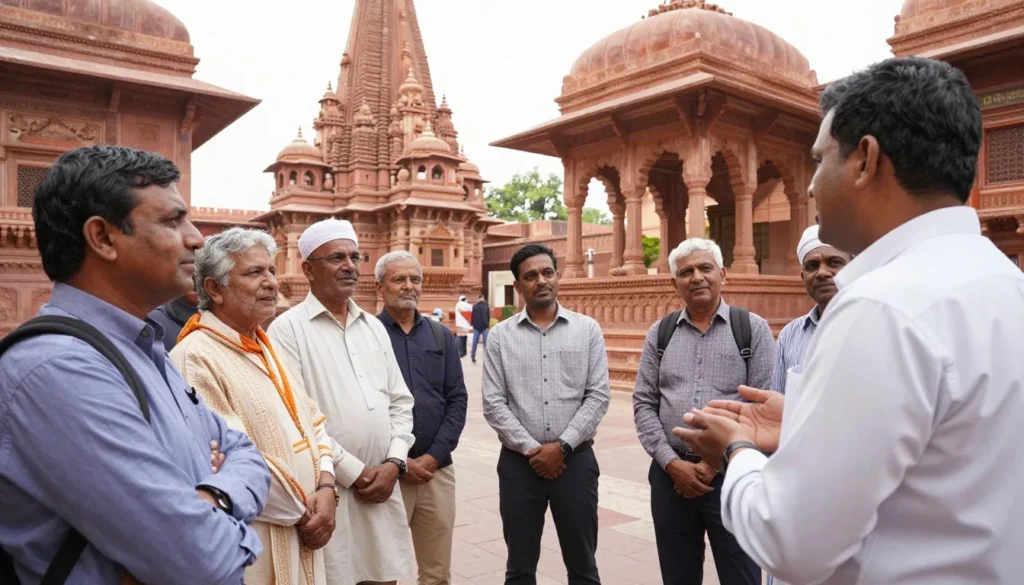 Respectful tourists dressed modestly exploring traditional temple complex with local guide