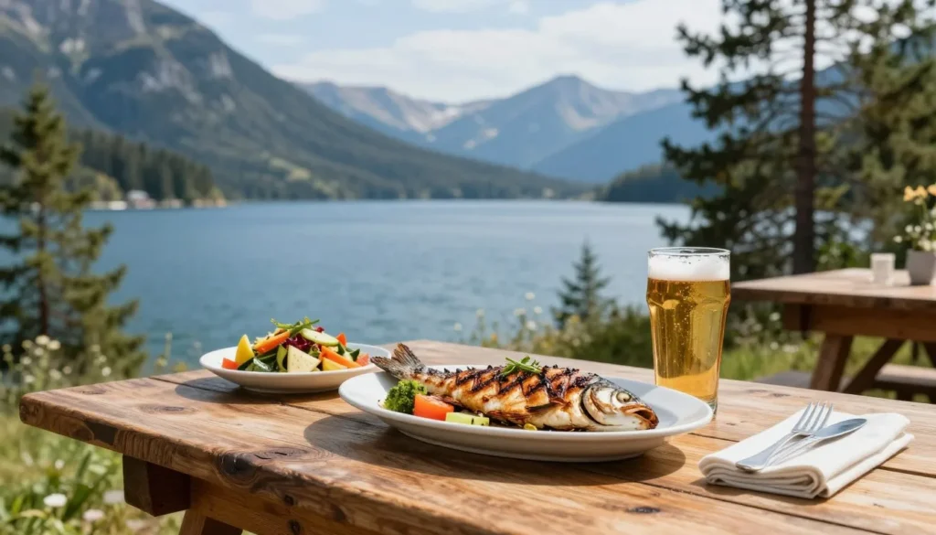 Restaurant table with mountain lake view Restaurant table with mountain lake view