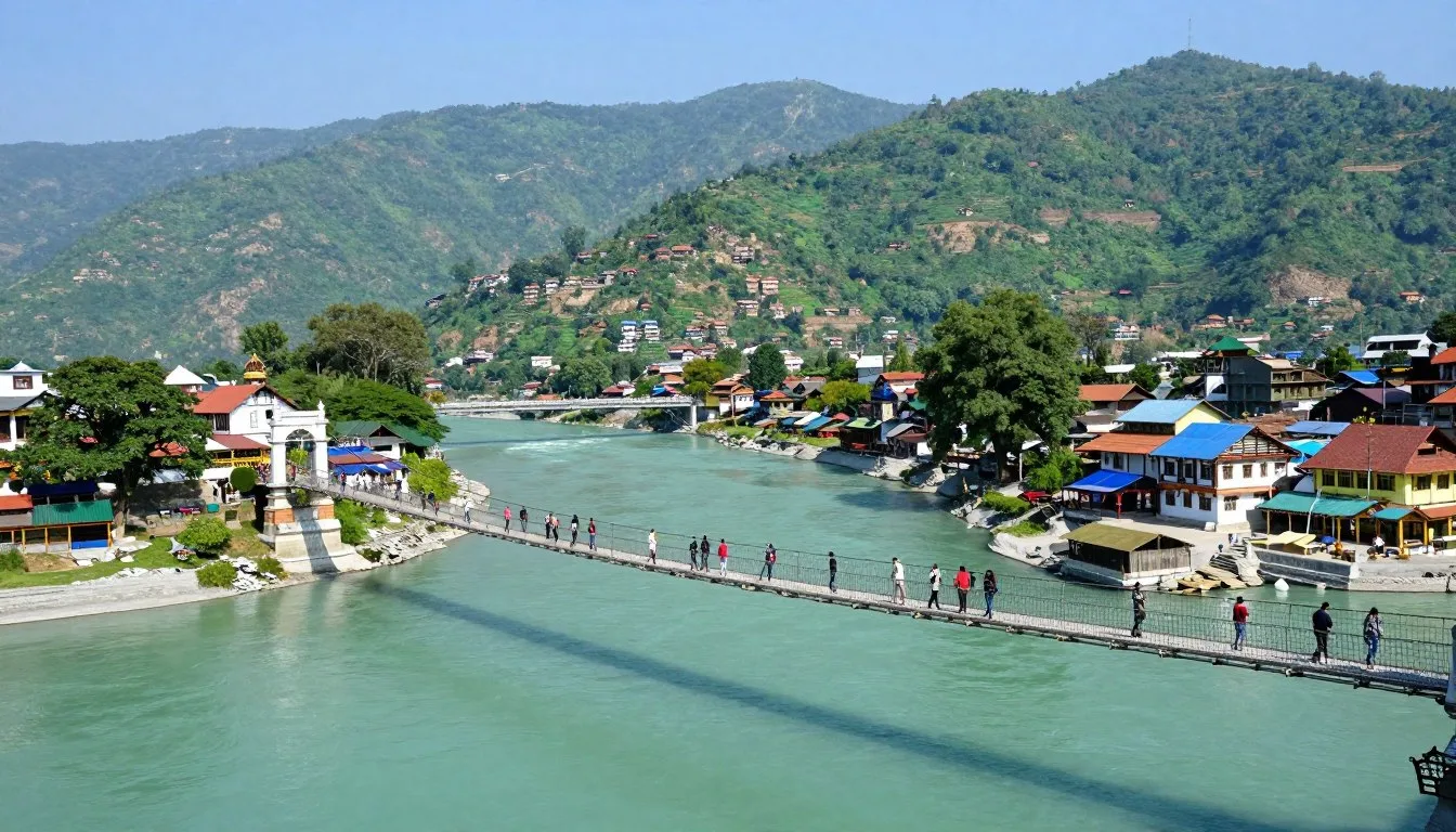 Rishikesh riverside view with iconic suspension bridge Lakshman Jhula spanning the Ganges River, surrounded by Himalayan foothills and traditional buildings