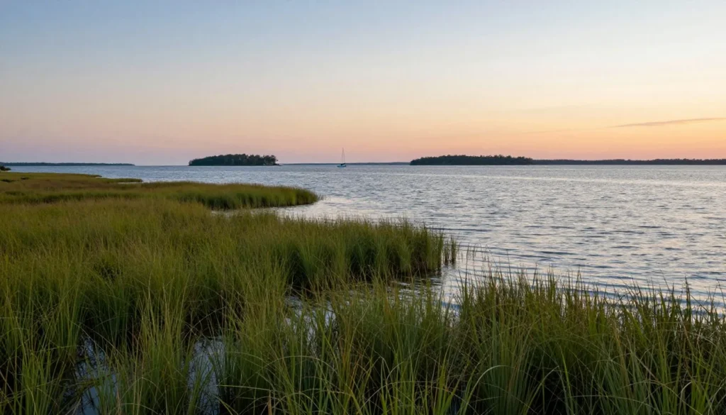 Roanoke Sound shoreline with marsh grasses and calm waters Roanoke Sound shoreline with marsh grasses and calm waters