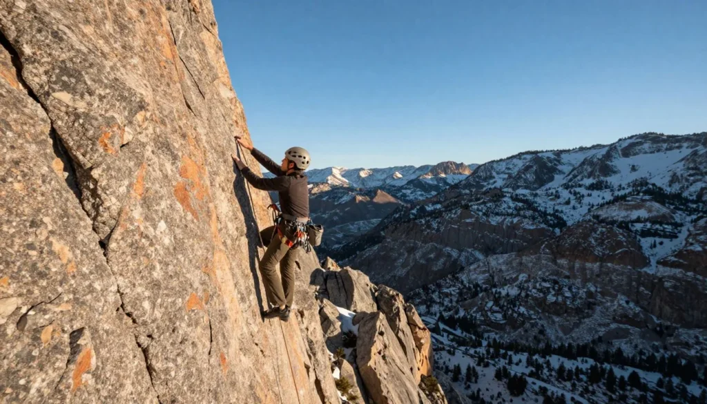 Rock climber ascending cliff face in mountains