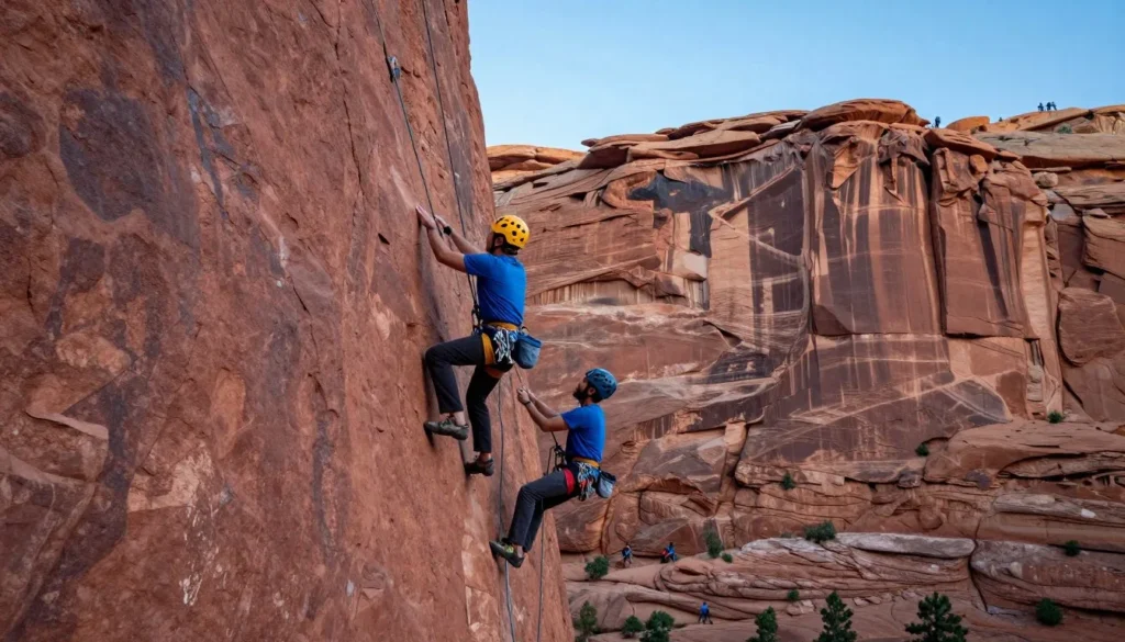 Rock climbers on Unaweep Canyon cliff face Rock climbers on Unaweep Canyon cliff face