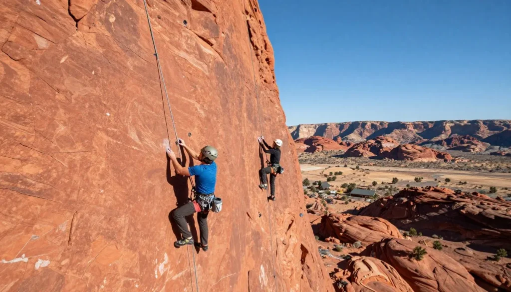 Rock climbers on red sandstone cliffs at Red Rock Canyon Nevada