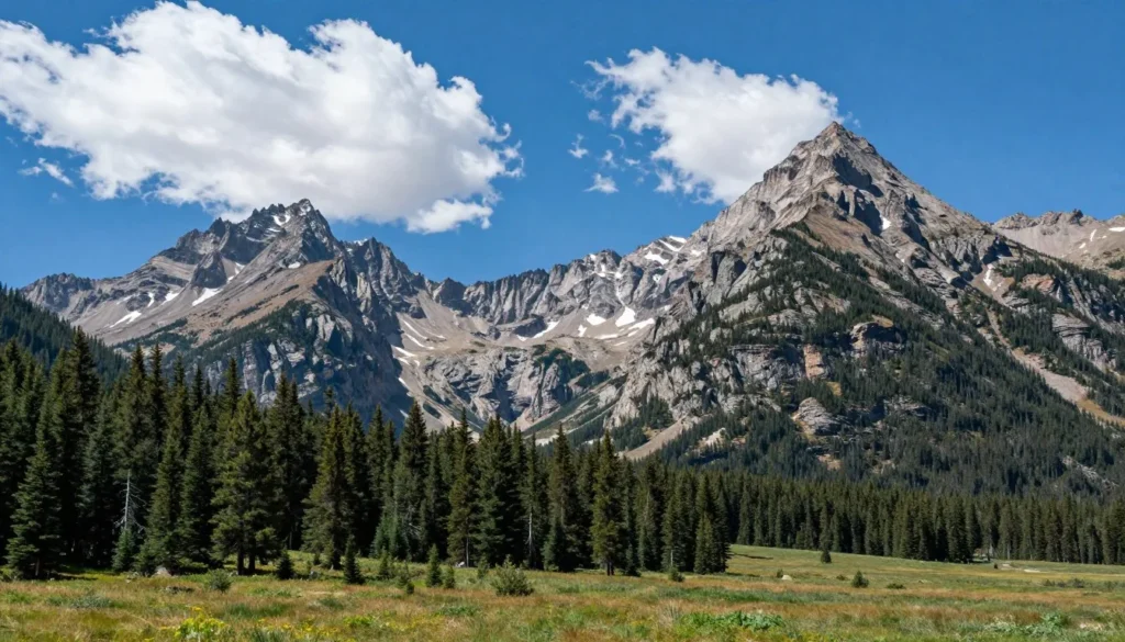 Rocky Mountain National Park scenic mountain vista with forest and peaks under blue sky Rocky Mountain National Park scenic mountain vista with forest and peaks under blue sky