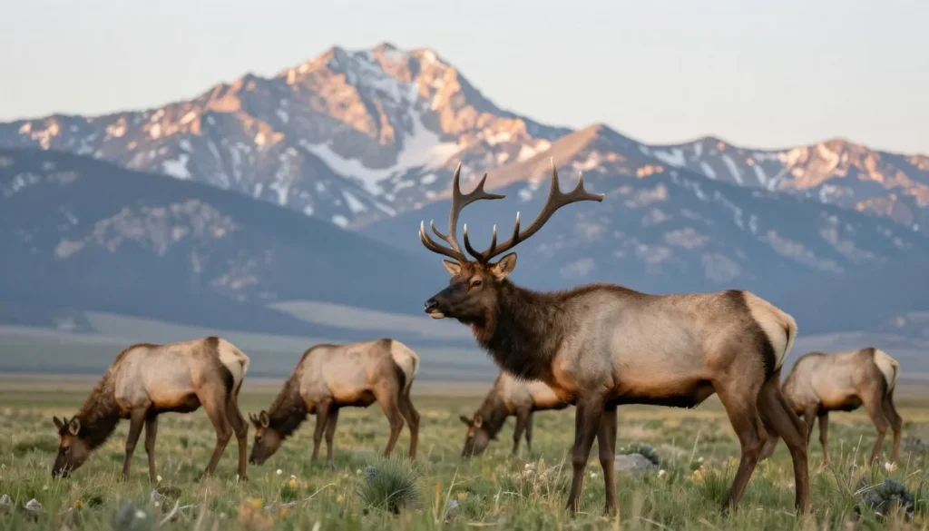 Rocky Mountain elk grazing in Spring Mountains meadow at sunrise Rocky Mountain elk grazing in Spring Mountains meadow at sunrise